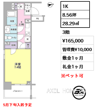 1K 28.29㎡  賃料¥165,000 管理費¥10,000 敷金1ヶ月 礼金1ヶ月 5月下旬入居予定