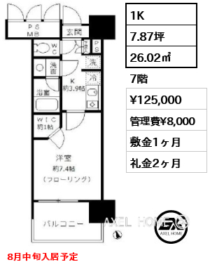 1K 26.02㎡  賃料¥125,000 管理費¥8,000 敷金1ヶ月 礼金2ヶ月 8月中旬入居予定