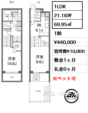 1LDK 69.95㎡  賃料¥440,000 管理費¥10,000 敷金1ヶ月 礼金0ヶ月