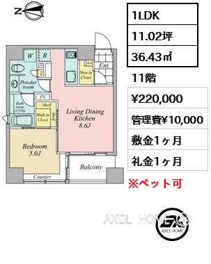 1LDK 36.43㎡  賃料¥220,000 管理費¥10,000 敷金1ヶ月 礼金1ヶ月