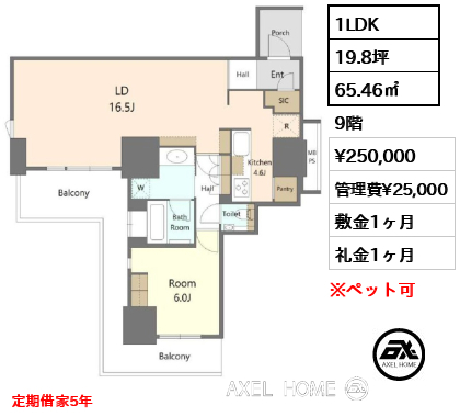 1LDK 65.46㎡  賃料¥250,000 管理費¥25,000 敷金1ヶ月 礼金1ヶ月 定期借家5年