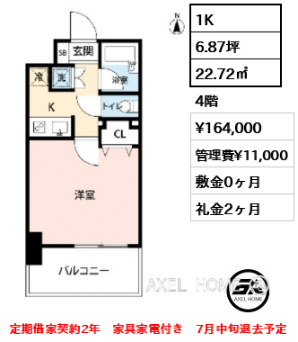 1K 22.72㎡  賃料¥164,000 管理費¥11,000 敷金0ヶ月 礼金2ヶ月 定期借家契約2年　家具家電付き　7月中旬退去予定