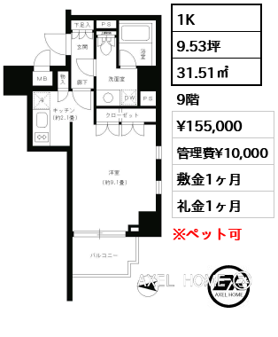1K 31.51㎡  賃料¥155,000 管理費¥10,000 敷金1ヶ月 礼金1ヶ月 　