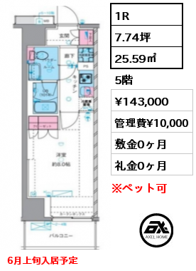 1R 25.59㎡ 5階 賃料¥143,000 管理費¥10,000 敷金0ヶ月 礼金0ヶ月 6月上旬入居予定