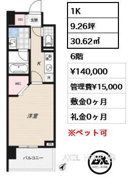 1K 30.62㎡  賃料¥140,000 管理費¥15,000 敷金0ヶ月 礼金0ヶ月