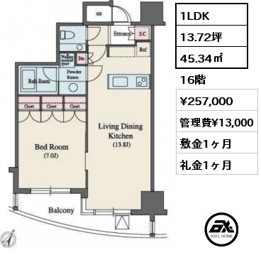 1LDK 45.34㎡ 16階 賃料¥257,000 管理費¥13,000 敷金1ヶ月 礼金1ヶ月 5月下旬案内可能予定