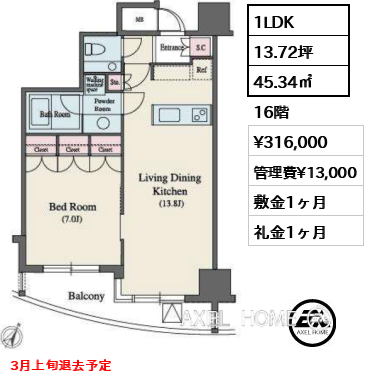 1LDK 45.34㎡  賃料¥316,000 管理費¥13,000 敷金1ヶ月 礼金1ヶ月 3月上旬退去予定