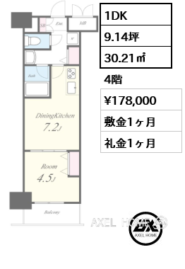 1DK 30.21㎡  賃料¥178,000 敷金1ヶ月 礼金1ヶ月