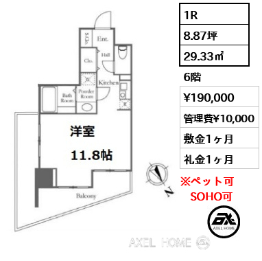 1R 29.33㎡  賃料¥190,000 管理費¥10,000 敷金1ヶ月 礼金1ヶ月