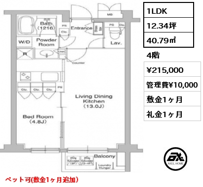 1LDK 40.79㎡ 4階 賃料¥211,000 管理費¥10,000 敷金1ヶ月 礼金1ヶ月 4月下旬入居予定