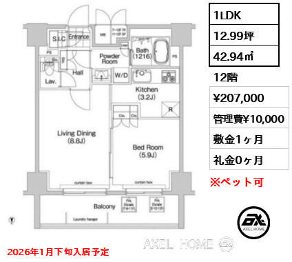 1LDK 42.94㎡  賃料¥207,000 管理費¥10,000 敷金1ヶ月 礼金0ヶ月 2026年1月下旬入居予定