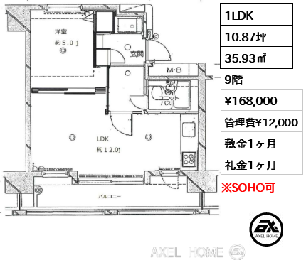 1LDK 35.93㎡  賃料¥168,000 管理費¥12,000 敷金1ヶ月 礼金1ヶ月
