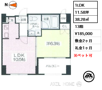 1LDK 38.28㎡  賃料¥185,000 敷金2ヶ月 礼金1ヶ月