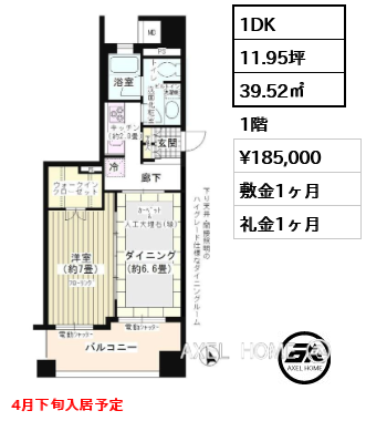 1DK 39.52㎡  賃料¥185,000 敷金1ヶ月 礼金1ヶ月 4月下旬入居予定