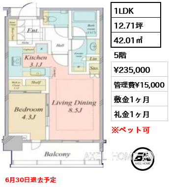 1LDK 42.01㎡  賃料¥235,000 管理費¥15,000 敷金1ヶ月 礼金1ヶ月 6月30日退去予定