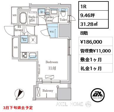 1R 31.28㎡  賃料¥186,000 管理費¥11,000 敷金1ヶ月 礼金1ヶ月 3月下旬退去予定