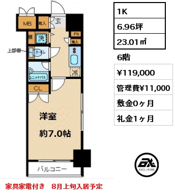 間取り3 1K 23.01㎡ 6階 賃料¥119,000 管理費¥10,500 敷金0ヶ月 礼金1ヶ月 2024年1月中旬入居予定　家具家電付き