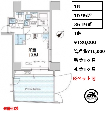 間取り3 1R 36.19㎡ 1階 賃料¥175,000 管理費¥10,000 敷金1ヶ月 礼金0ヶ月 ピアノ相談可