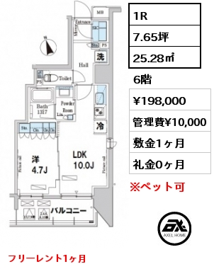間取り3 1R 25.28㎡ 3階 賃料¥133,000 管理費¥10,000 敷金1ヶ月 礼金0ヶ月 フリーレント1ヶ月　