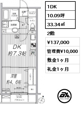 間取り3 1DK 33.34㎡ 2階 賃料¥137,000 管理費¥10,000 敷金1ヶ月 礼金1ヶ月
