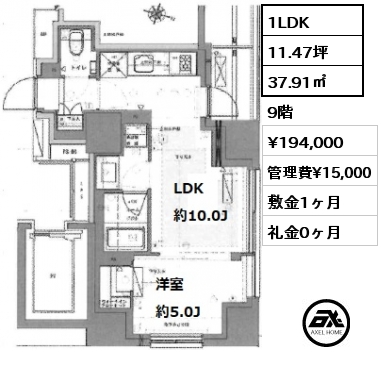 間取り3 1LDK 37.91㎡ 9階 賃料¥199,000 管理費¥15,000 敷金1ヶ月 礼金1ヶ月