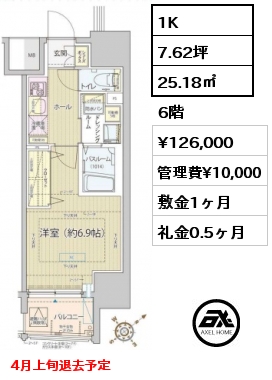 間取り3 1K 25.18㎡ 6階 賃料¥126,000 管理費¥10,000 敷金1ヶ月 礼金0.5ヶ月 4月上旬退去予定