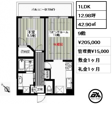 間取り3 1LDK 42.90㎡ 9階 賃料¥205,000 管理費¥15,000 敷金1ヶ月 礼金1ヶ月