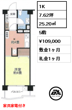 間取り3 1K 25.20㎡ 5階 賃料¥109,000 敷金1ヶ月 礼金1ヶ月 家具家電付き　　　　