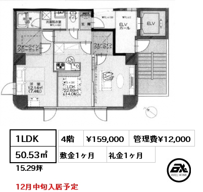 間取り3 1LDK 50.53㎡ 4階 賃料¥159,000 管理費¥12,000 敷金1ヶ月 礼金1ヶ月 12月中旬入居予定