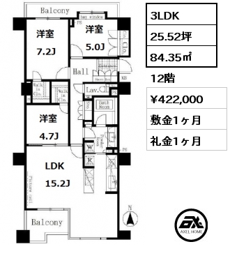 間取り3 3LDK 84.35㎡ 12階 賃料¥422,000 敷金1ヶ月 礼金1ヶ月