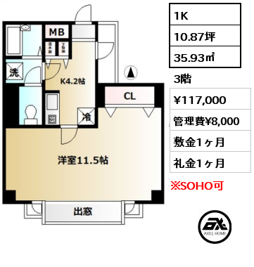 1K 35.93㎡ 3階 賃料¥117,000 管理費¥8,000 敷金1ヶ月 礼金1ヶ月