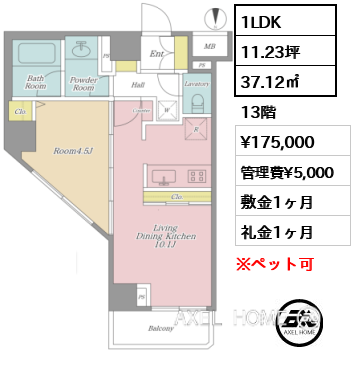 1LDK 37.12㎡  賃料¥175,000 管理費¥5,000 敷金1ヶ月 礼金1ヶ月