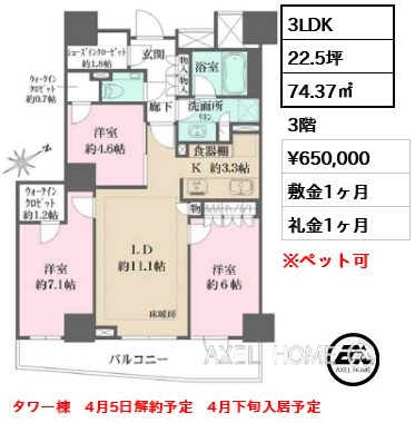 間取り3 3LDK 74.37㎡  賃料¥650,000 敷金1ヶ月 礼金1ヶ月 タワー棟　4月5日解約予定　4月下旬入居予定