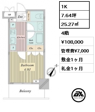 間取り3 1K 25.27㎡ 3階 賃料¥96,000 管理費¥7,000 敷金1ヶ月 礼金1ヶ月