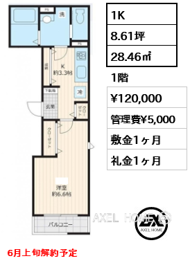 間取り3 1K 28.46㎡  賃料¥120,000 管理費¥5,000 敷金1ヶ月 礼金1ヶ月 6月上旬解約予定　