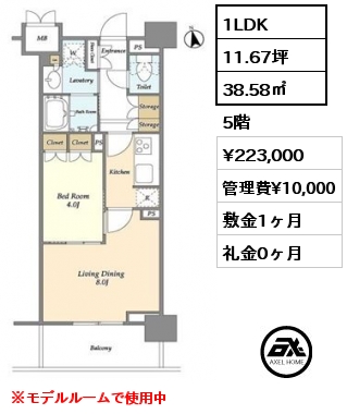 間取り3 1LDK 38.58㎡ 5階 賃料¥223,000 管理費¥10,000 敷金1ヶ月 礼金0ヶ月 ※モデルルームで使用中　