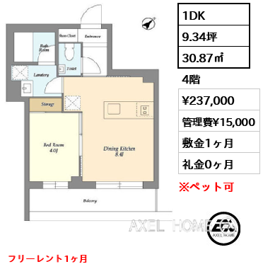 間取り3 1DK 30.87㎡  賃料¥237,000 管理費¥15,000 敷金1ヶ月 礼金0ヶ月 フリーレント1ヶ月　