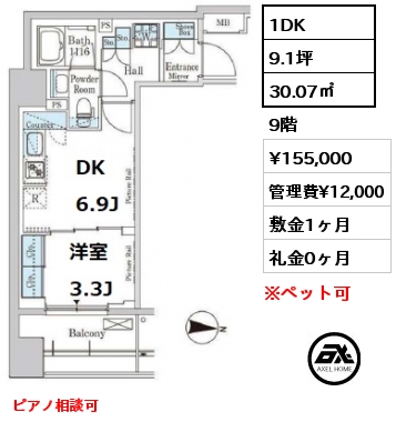 間取り3 1DK 30.07㎡ 9階 賃料¥155,000 管理費¥12,000 敷金1ヶ月 礼金0ヶ月 ピアノ相談可
