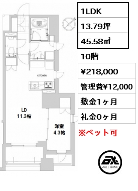 1LDK 45.58㎡ 10階 賃料¥218,000 管理費¥12,000 敷金1ヶ月 礼金0ヶ月
