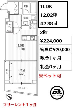 間取り3 1LDK 42.38㎡ 2階 賃料¥224,000 管理費¥20,000 敷金1ヶ月 礼金0ヶ月 フリーレント１ヶ月