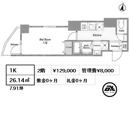 間取り3 1K 26.14㎡ 2階 賃料¥129,000 管理費¥8,000 敷金0ヶ月 礼金0ヶ月