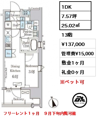 間取り3 1DK 25.02㎡ 13階 賃料¥137,000 管理費¥15,000 敷金1ヶ月 礼金0ヶ月 フリーレント１ヶ月