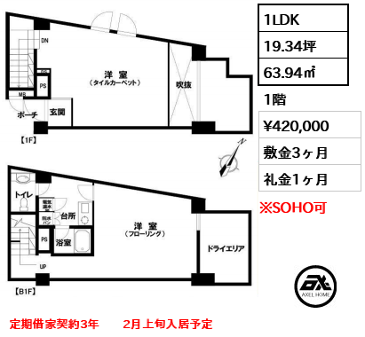 間取り3 1LDK 63.94㎡  賃料¥420,000 敷金3ヶ月 礼金1ヶ月 定期借家契約3年　　2月上旬入居予定