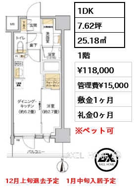 1DK 25.18㎡  賃料¥118,000 管理費¥15,000 敷金1ヶ月 礼金0ヶ月 12月上旬退去予定　1月中旬入居予定