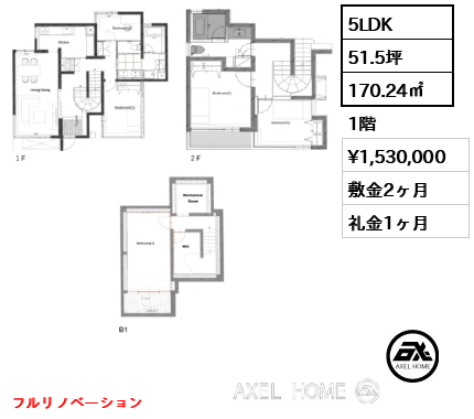 5LDK 170.24㎡  賃料¥1,530,000 敷金2ヶ月 礼金1ヶ月 フルリノベーション