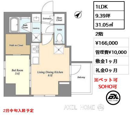 1LDK 31.05㎡  賃料¥166,000 管理費¥10,000 敷金1ヶ月 礼金0ヶ月 2月中旬入居予定