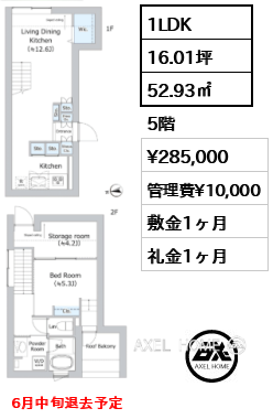 1LDK 52.93㎡  賃料¥285,000 管理費¥10,000 敷金1ヶ月 礼金1ヶ月 6月中旬退去予定