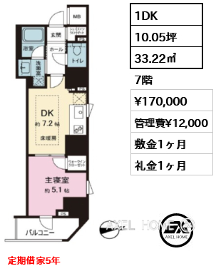 1DK 33.22㎡  賃料¥170,000 管理費¥12,000 敷金1ヶ月 礼金1ヶ月 定期借家5年