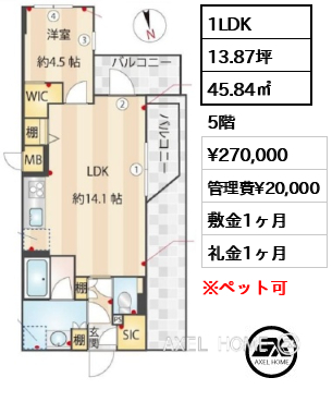 1LDK 45.84㎡  賃料¥270,000 管理費¥20,000 敷金1ヶ月 礼金1ヶ月