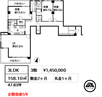 間取り3 3LDK 158.10㎡  賃料¥1,450,000 敷金2ヶ月 礼金1ヶ月 定期借家5年